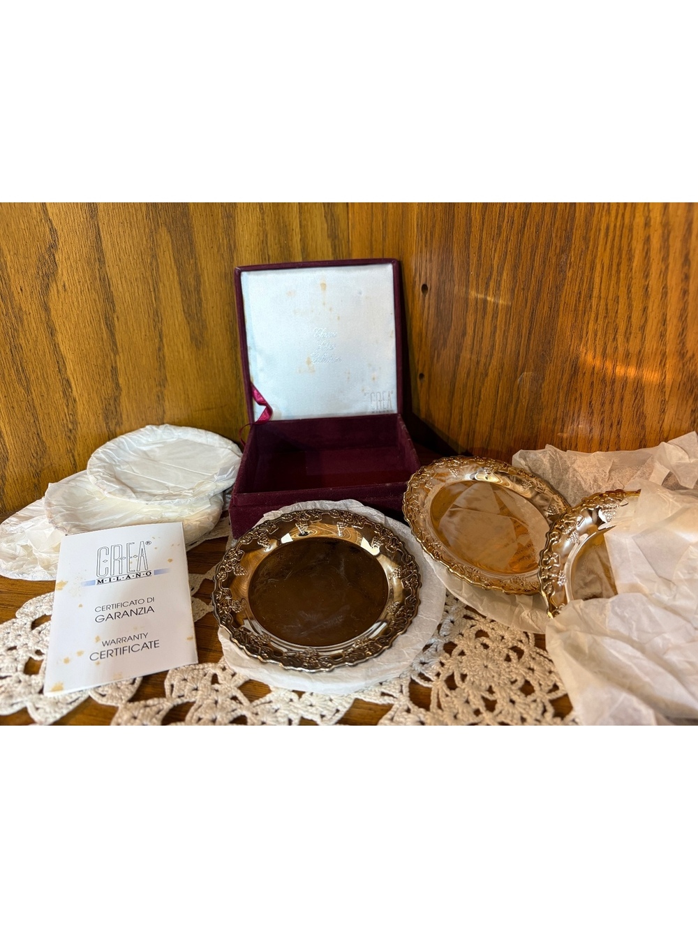 Vintage CREA Milano Classic Silver Collection Coasters Set of 6 Velvet Box NOS